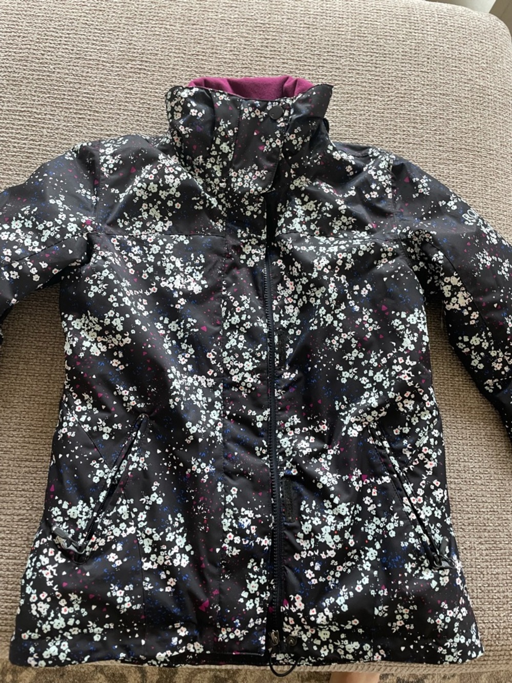 Roxy Black Floral Puffer Jacket with Pink Lining
